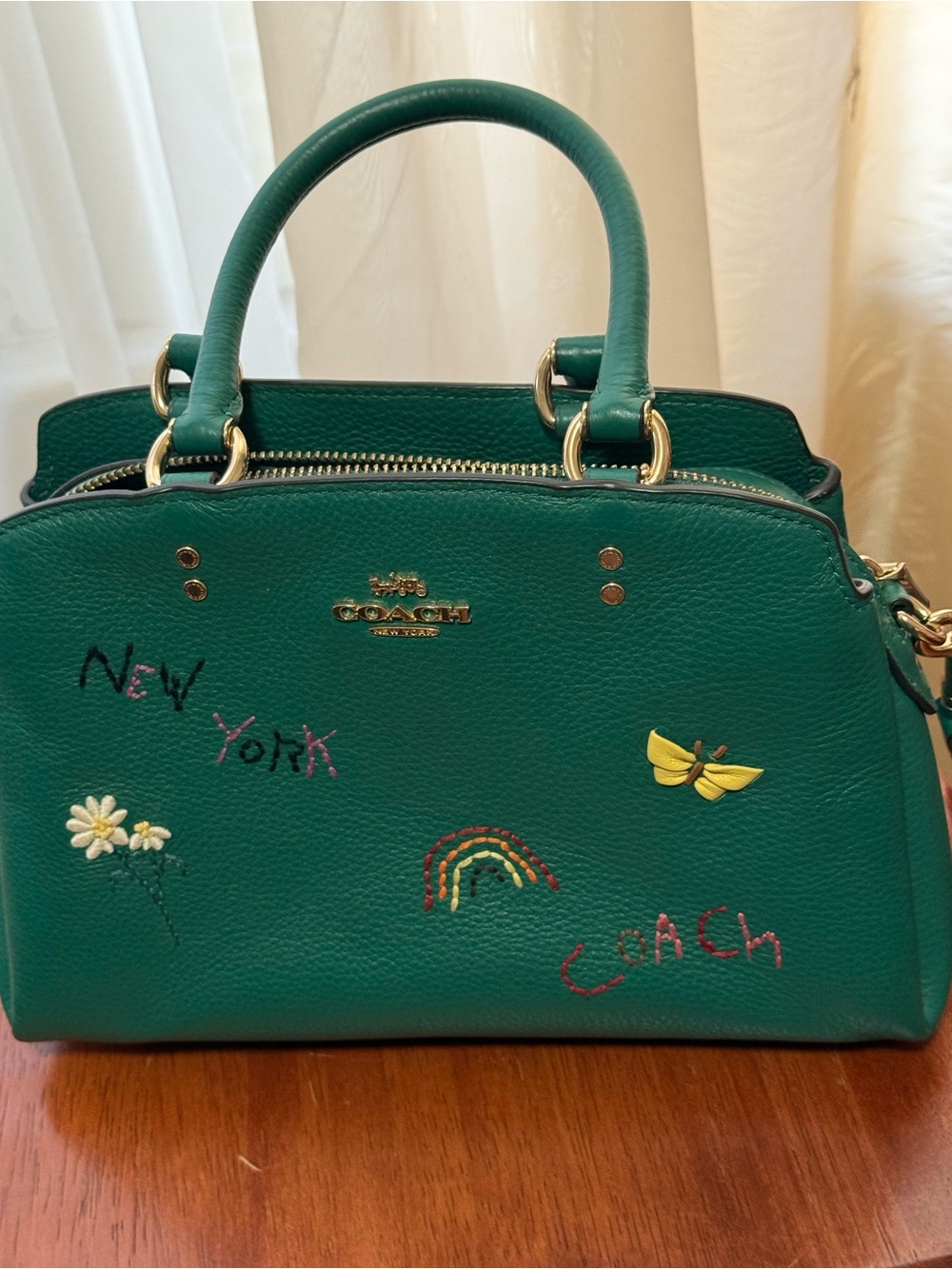 COACH Green Leather Satchel with Rainbow Striped Strap - Picture 4 of 11